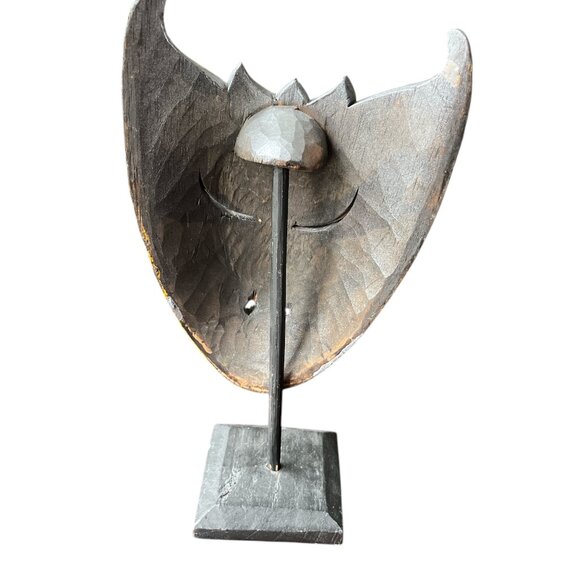 WOODEN MASK Decor Theatre Silver on Wooden Base 12 1/2" High - Picture 4 of 7